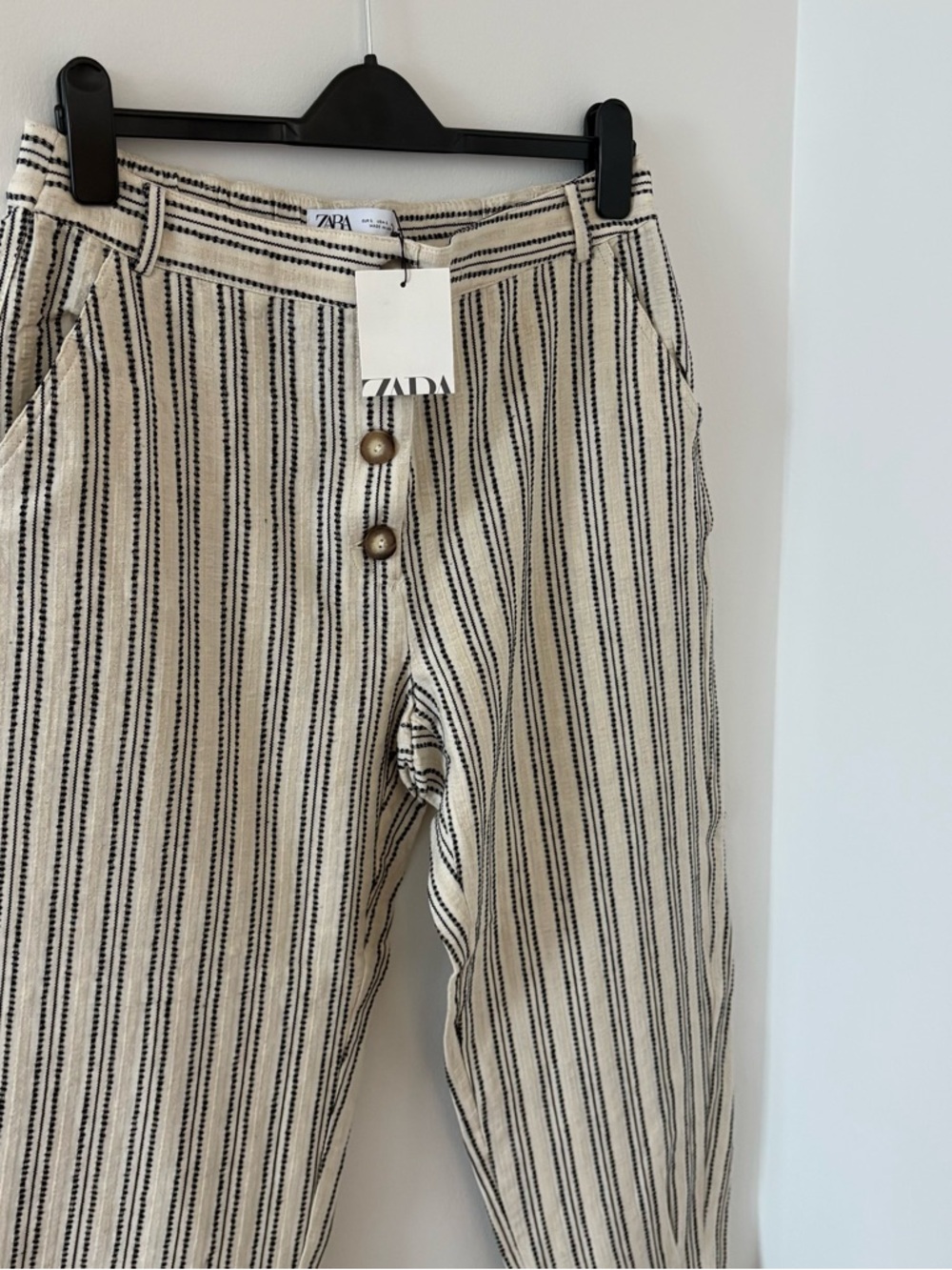 Zara Embroidered Striped Rustic Cotton & Linen Tapered Cropped Pants Size L NWT‎ - Picture 5 of 11
